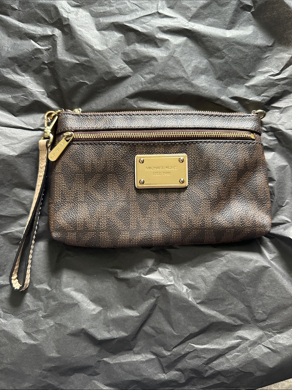 Michael Kors Brown and Gold Signature Wristlet Clutch